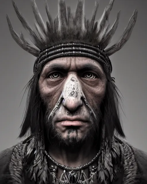 Image similar to headshot portrait of a raven shaman, dark mood, detailed, textured, realistic, unreal engine, cgsociety, cinematic lighting, concept art