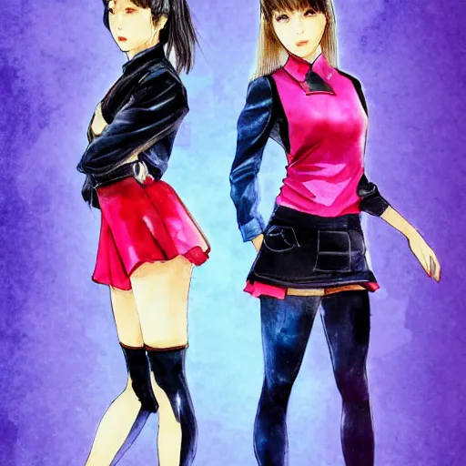 Image similar to a perfect, realistic professional digital sketch of two synthwave Japanese schoolgirls posing, in style of Marvel, full length, by pen and watercolor, by a professional American senior artist on ArtStation, a high-quality hollywood-style sketch, on high-quality paper