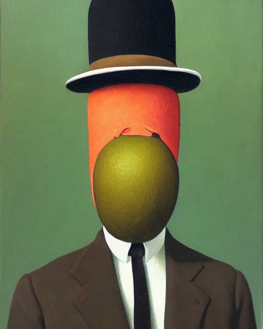 Prompt: oil painting of a man with a kiwifruit covering his face, wearing a bowler hat and overcoat, standing in front of a barren wasteland, by René Magritte