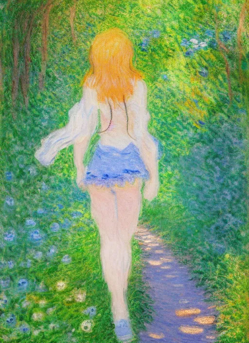 Prompt: an extremely cute girl hiking in a forest, very anime, trending artwork, 4 k, anime painter studio, an impressionist style by claude monet