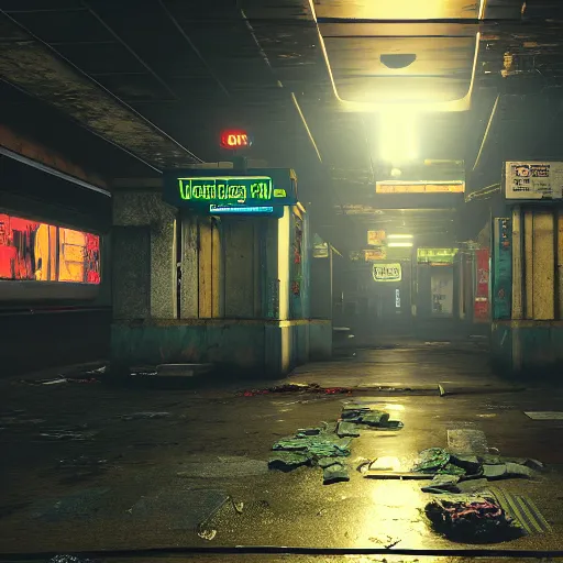 Prompt: abandoned underground subway homeless filthy horror slum low light sadness lonely. Cyberpunk 2077. CP2077. 3840 x 2160