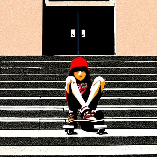 Image similar to skater girl sitting on steps by scott pilgrim, by bryan lee o'malley