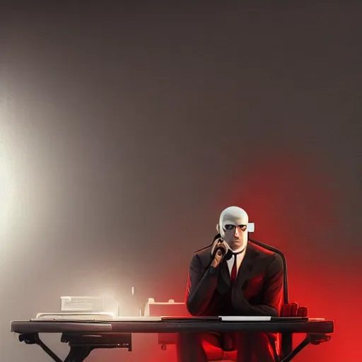 Prompt: a portrait of agent 4 7 from hitman wearing headphones, sitting in a room full of vinyl records, dark background, red rim light, highly detailed, digital art, artstation, concept art