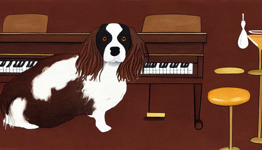 Image similar to brown and white sprocker , sat down playing a piano.at a bar. Martini on the side, illustration. Artwork.