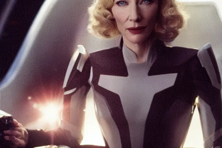 Image similar to cate blanchett on the bridge of a starship,retro, movie still