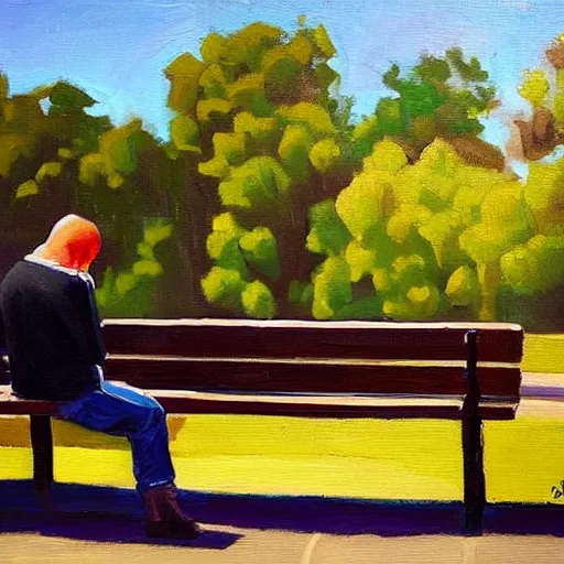 Prompt: man sitting on park bench next to the grim reaper peaceful oil painting by Jeremy Saulnier sunny afternoon