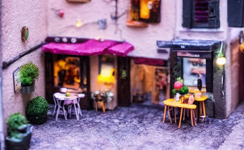 Image similar to mini cafe diorama macro photography, alleyway, cafe for felted animals, ambient, atmospheric photograph, string lights, romantic