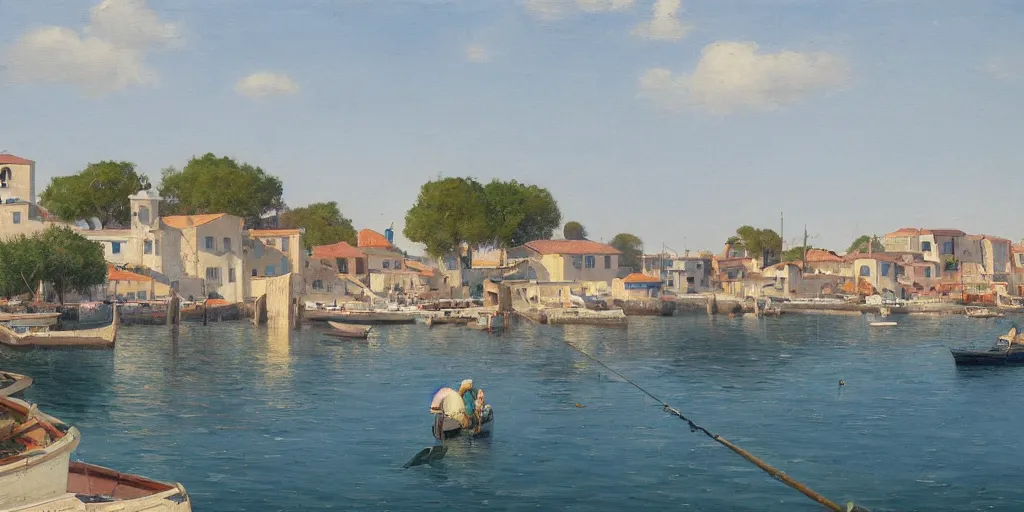 Prompt: a beautiful extremely complex painting of a mediterranean fishing village in summer by peter ilsted, whitewashed housed, tall cypress trees, blue shutters on windows, people walking down a street, fishing boats in the water, beautiful blue water, trending and featured on artstation and behance