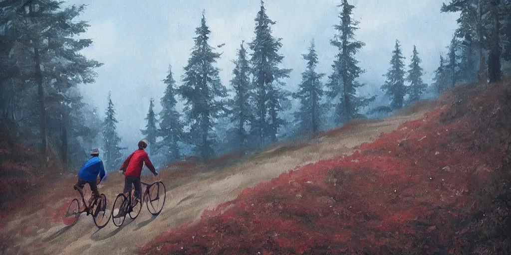 Image similar to Exact two men biking alone up a steep forest hill. One with a deep dark blue sweater and the other with a wine red sweater. sweaty. Oil painting. Emotional. Trending on artstation. Steep. Nordic Trees. Rustic. Artistic.