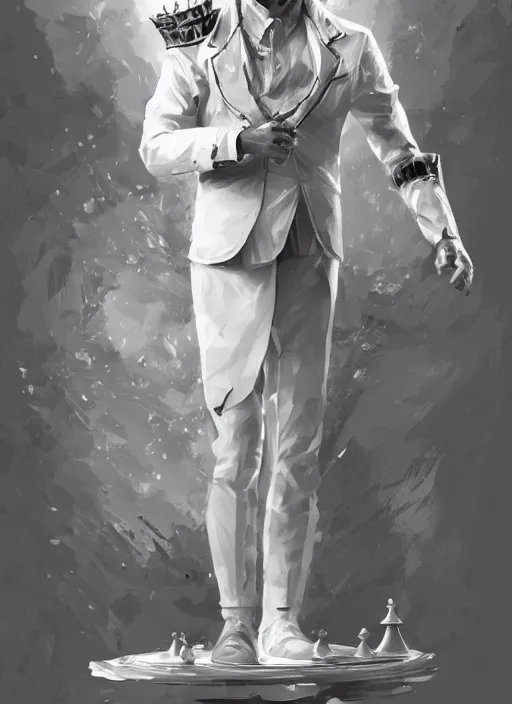 Image similar to a highly detailed illustration of short ginger haired man wearing white suit, dramatic holding chess piece pose, intricate, elegant, highly detailed, centered, digital painting, artstation, concept art, smooth, sharp focus, league of legends concept art, WLOP