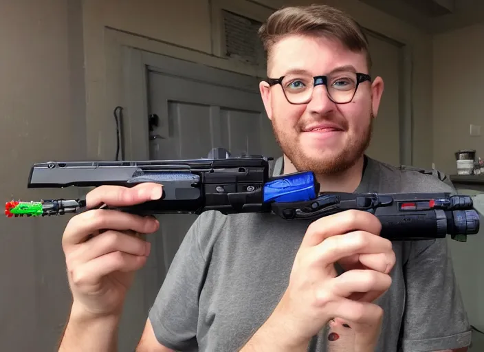 Image similar to a picture of youtuber ian mccollum of forgottenweapons, displaying an advanced gummy blaster