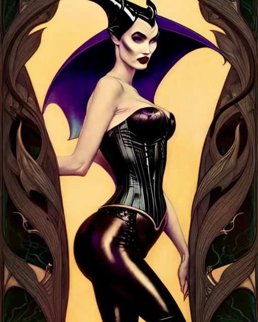 Image similar to new art nouveau portrait of fantasy succubus maleficent megan fox wearing a latex corset, anna dittmann, moebius, wlop, artgerm, patrick nagle, charlie bowater and loish. long windblown hair, very large, clear, expressive, and intelligent eyes, ultrasharp focus, dramatic lighting, photorealistic digital matte painting, intricate.