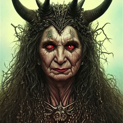 Prompt: head and shoulders portrait of an evil, black - skinned, horned night hag portrayed by olympia dukakis, d & d, fantasy, luis royo, magali villeneuve, donato giancola, wlop, krenz cushart