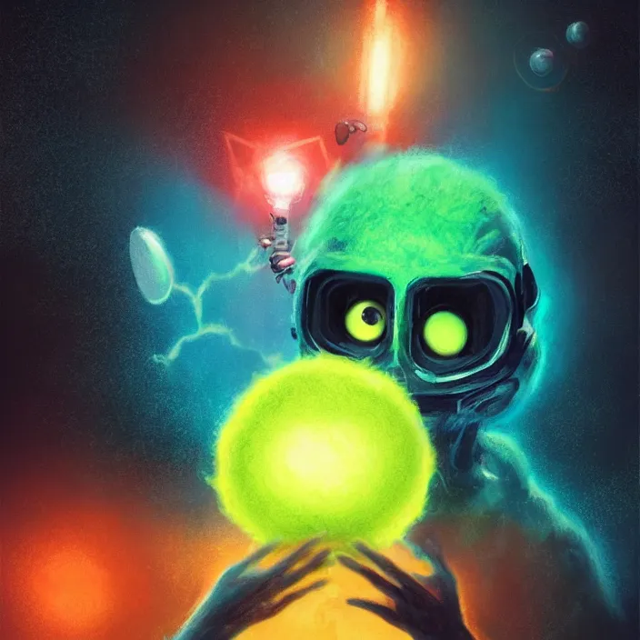 Image similar to cinematic portrait of a cute tennis ball monster in the abyss of space, chalk, masterpiece, trending on artstation, featured on pixiv, cinematic composition, dramatic pose, beautiful lighting, sharp details, hyper-detailed, HD, HDR, 4K, 8K, art by Basil Gogos