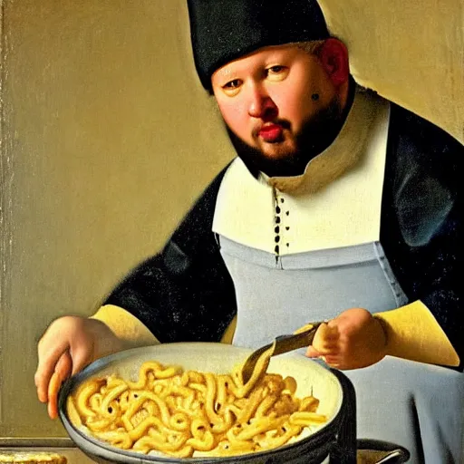 Image similar to a 1 9 th century portrait of guy fieri making a greasy macaroni and cheese sandwich, by vermeer, portrait, royal, oil on canvas