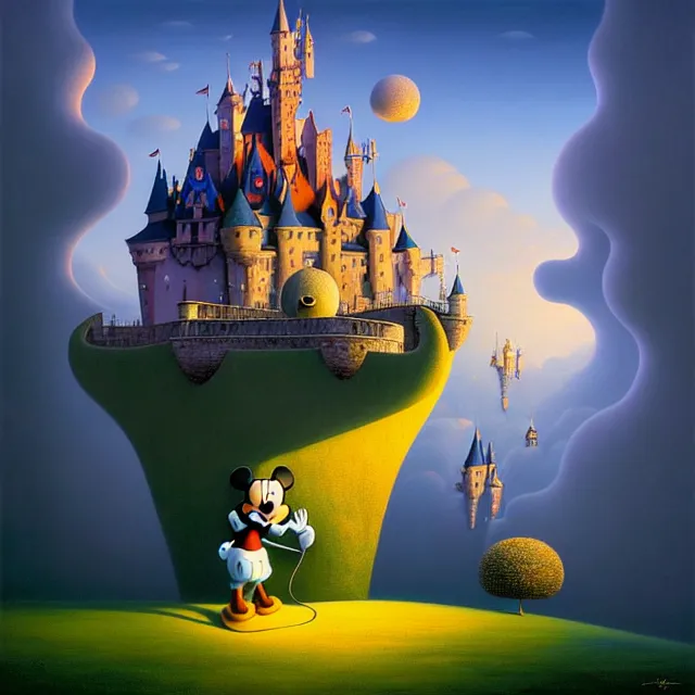 Image similar to gediminas pranckevicius an oil on canvas portrait painting of mickey mouse, surrealism, surrealist, cosmic horror, rob gonsalves, high detail fantastic world castle happy place, volumetric light godray