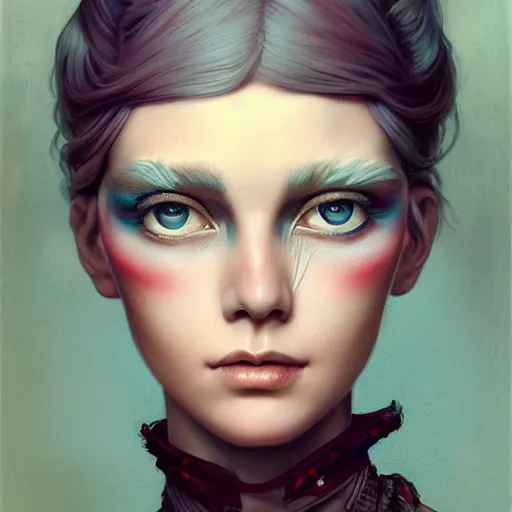 Image similar to tom bagshaw, dollpunk in a full dress, professionally retouched, perfect blue eyes, ultra realistic soft painting, floating long hair, soft facial traits, perfectly detailed linework, symmetrical accurate intricate features, highly detailed, artstation, sharp focus