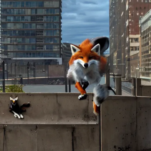 Prompt: An anthropomorphic fox doing parkour in an urban setting populated by anthropomorphic animals.