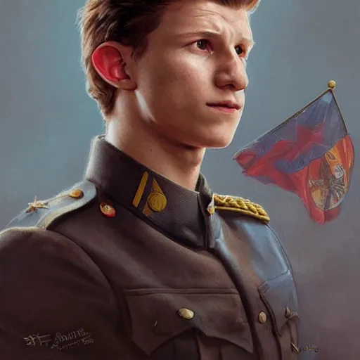 Image similar to Portrait of Tom Holland as a military officer, intricate, headshot, highly detailed, digital painting, artstation, concept art, sharp focus, cinematic lighting, illustration, art by artgerm and greg rutkowski, alphonse mucha, cgsociety