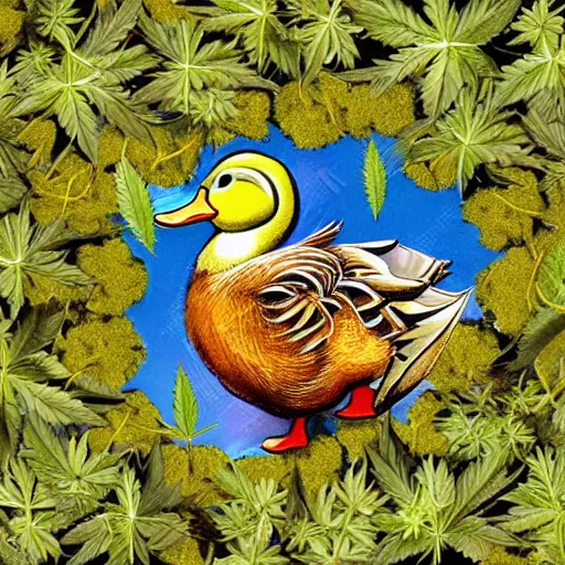 Prompt: duck, marijuana plant, marijuana buds, duck, duck surrounded by weed