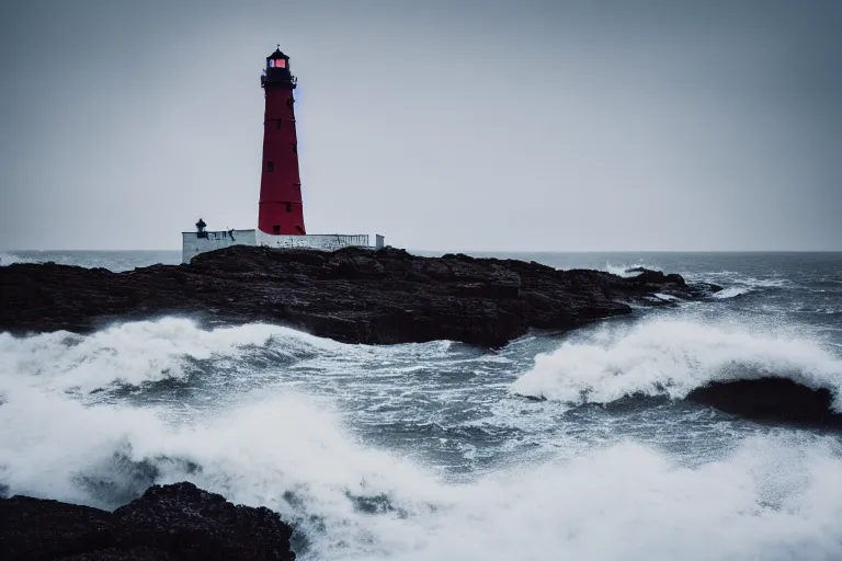 Image similar to film still of a lighthouse at bad weather with heavy waves, photography, natural light, cinematic, 8 k