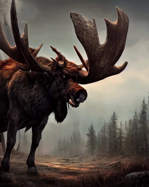 Prompt: barbarian rising demonic moose, hyper realism, cinematic, volumetric lighting, high detail, octane render, unreal engine, 8 k, vibrant colors, depth of field, concept art, dnd, digital art, ray tracing, apocalyptic, extremely detailed, very sharp,