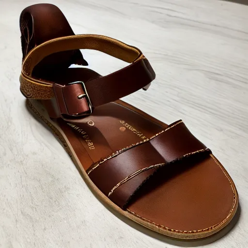 Prompt: sperry brown leather sandals with extremely long toe points, photorealistic