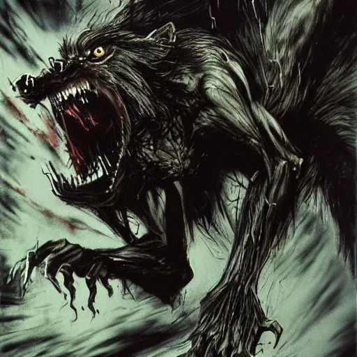 Prompt: dynamic action shot of a werewolf with long fangs and extended claws leaping forward, exaggerated muscle anatomy, crazed expression, by bill sienkiewicz, simon bisley and stephen gammell, horror, dark fantasy, extremely hyperdetailed, ghostly, 8 k, photorealism, hyperrealism, atmospheric lighting w 9 6 0