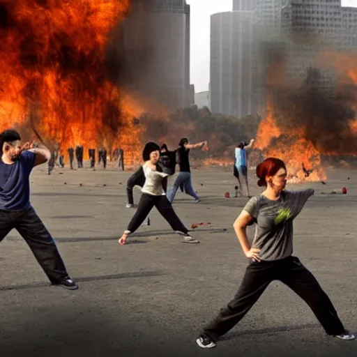 Image similar to realistic picture, post apocalyptic city on fire in the background, group of people practicing tai chi in the foreground