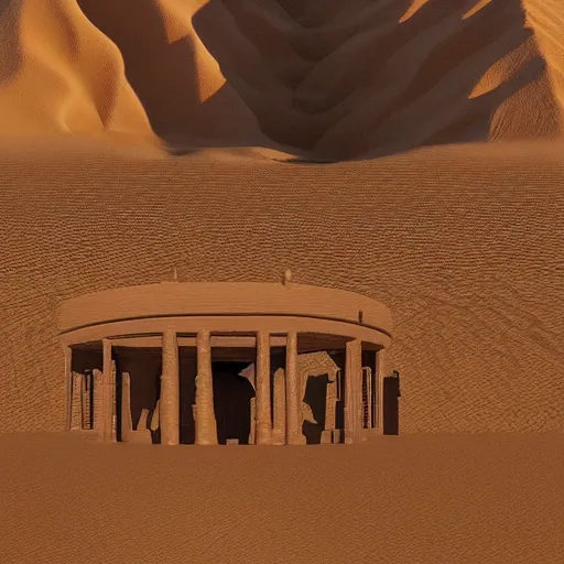 Image similar to desert temple surrounded by large dunes, carving, digital art