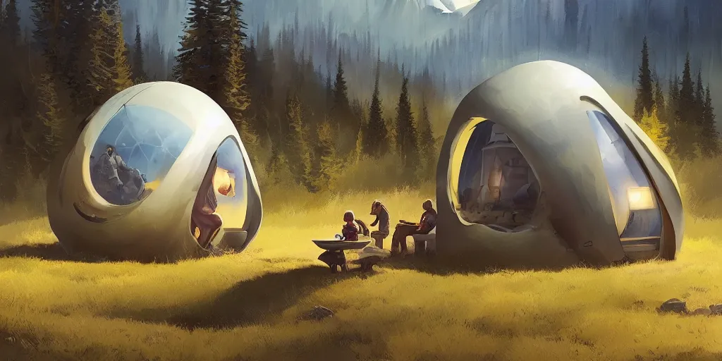 Image similar to cabela's tent sci - fi retro futuristic pop up family space pod, cabin, modular, person in foreground, mountainous forested wilderness open fields, beautiful views, painterly concept art, joanna gaines, environmental concept art, farmhouse, magnolia, concept art illustration by ross tran, by james gurney, by craig mullins, by greg rutkowski