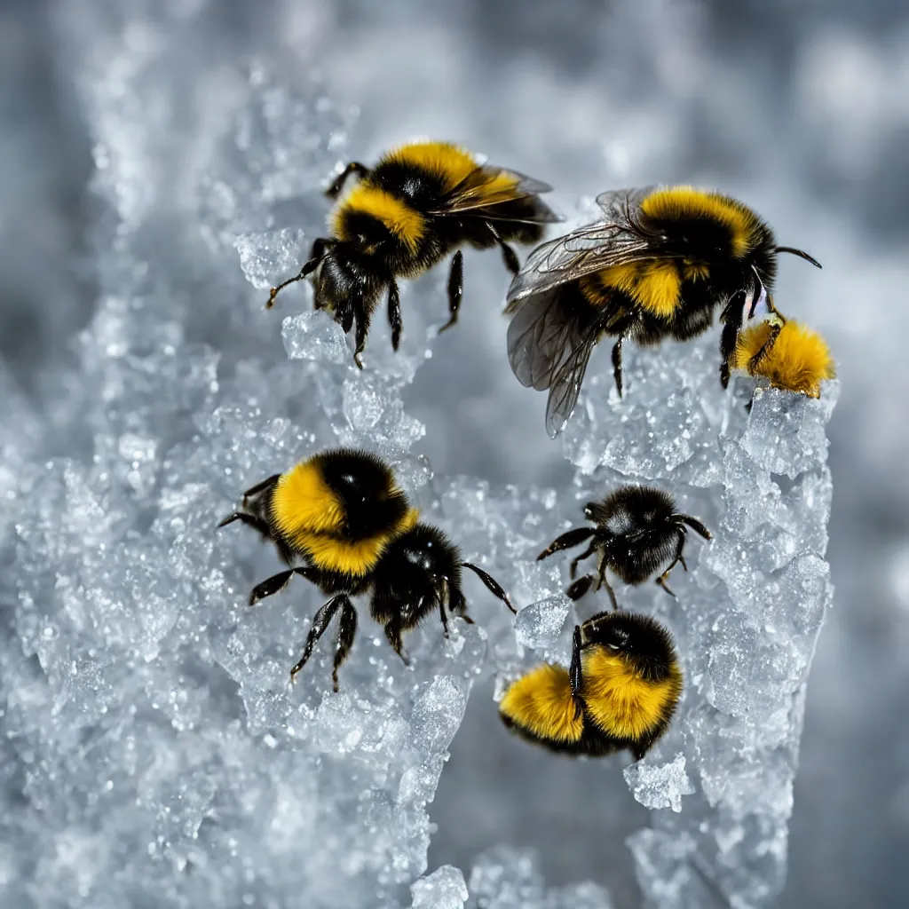 Image similar to a nature photograph macro shot of a bumblebee pollinating a frozen ice flower. snow in the background