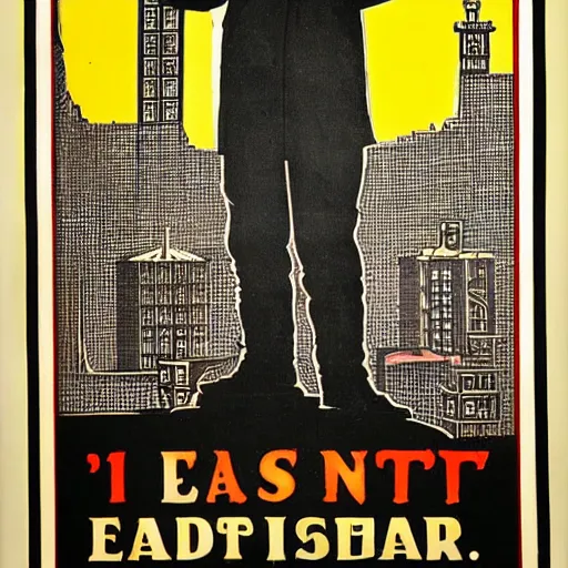 Image similar to 1 9 0 8 capitalism propaganda poster, black and white engraving on antique yellowed paper, with red ink used for emphasis, eastern european look, serious face of leader in the middle of poster, with intricate imagery of buildings and factories and laborers in the background