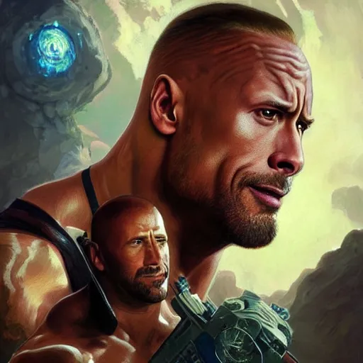 Image similar to Dwayne Johnson and Ryan Gosling Save the World, fantasy, intricate, elegant, highly detailed, digital painting, artstation, concept art, smooth, sharp focus, illustration, art by artgerm and greg rutkowski and alphonse mucha