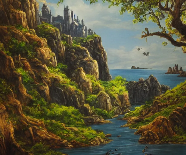 Prompt: medieval fantasy artwork. woodland with cliffs in the background. on top of the cliffs is a radiant castle made of pure blue light!!! oil on canvas.