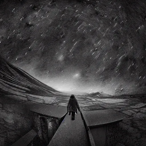 Image similar to into the unknown, whats at the edge of the universe by lucas parolin, dark and moody, high detail, extremely sharp detail aspect ratio 1 1 by 1 4