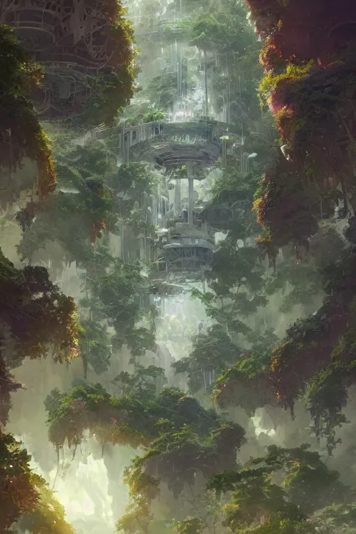 Prompt: portrait of cascading multi level botanical garden spaceship, illustration, concept art, anime, key visual, trending, pixiv, fanbox, by wlop, greg rutkowski, makoto shinkai, studio ghibli, kyoto animation,