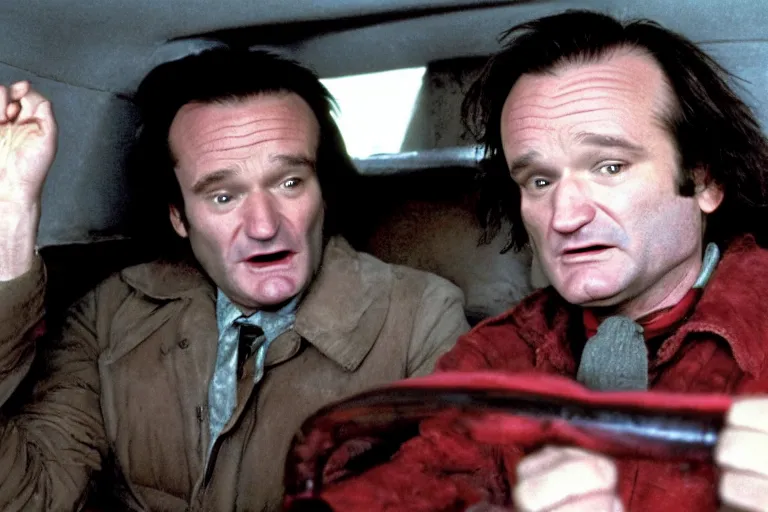 Prompt: Robin Williams as Jack Torrance driving in The Shining 1980