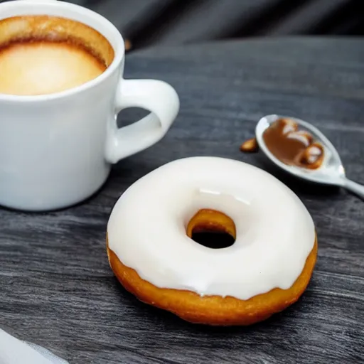 Prompt: delicious donut glazed with white chocolate, a cup of coffee