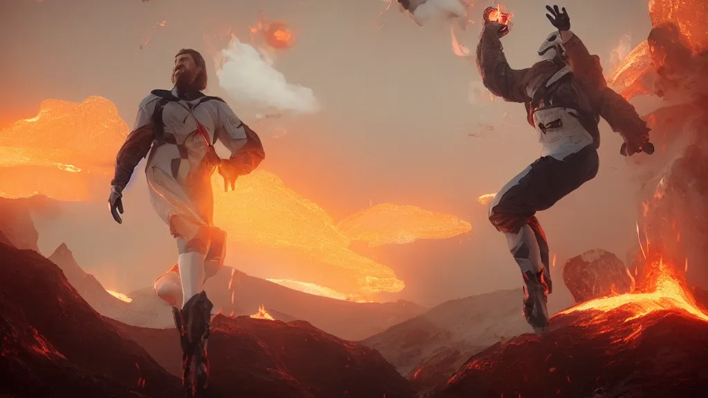 Prompt: a man in white tights flies from volcano and flame, intricate, highly detailed, artstation trending, ray tracing, cinematic, art by andrey surnov, concept art,