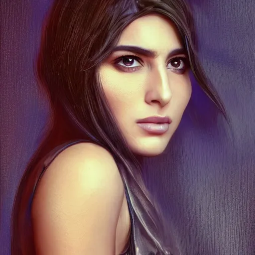 Prompt: Beautiful Arab Ameera Al taweel, blue eyes, leather, portrait, fantasy, medieval, oil colors, elegant, concept art, sharp focus, beautiful face, digital art, Hyper-realistic, 4K, Unreal Engine, Highly Detailed, HD, Dramatic Lighting by Brom, by beeple, studio ghibli, wallpaper, highly detailed, trending on artstation