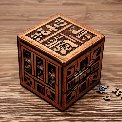 Prompt: a wooden mechanical puzzle box, product photo
