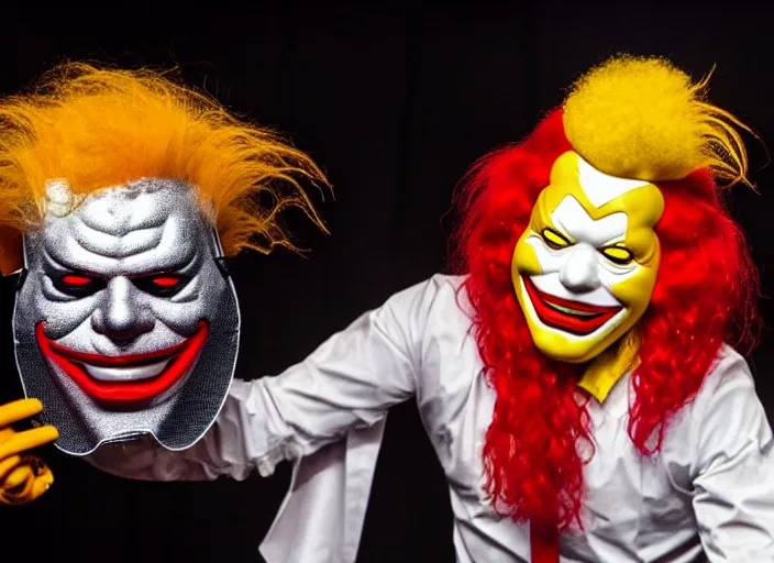 Image similar to publicity photo still of ronald mcdonald wearing a slipknot mask touring with slipknot live on stage, 8 k, live concert lighting, mid shot