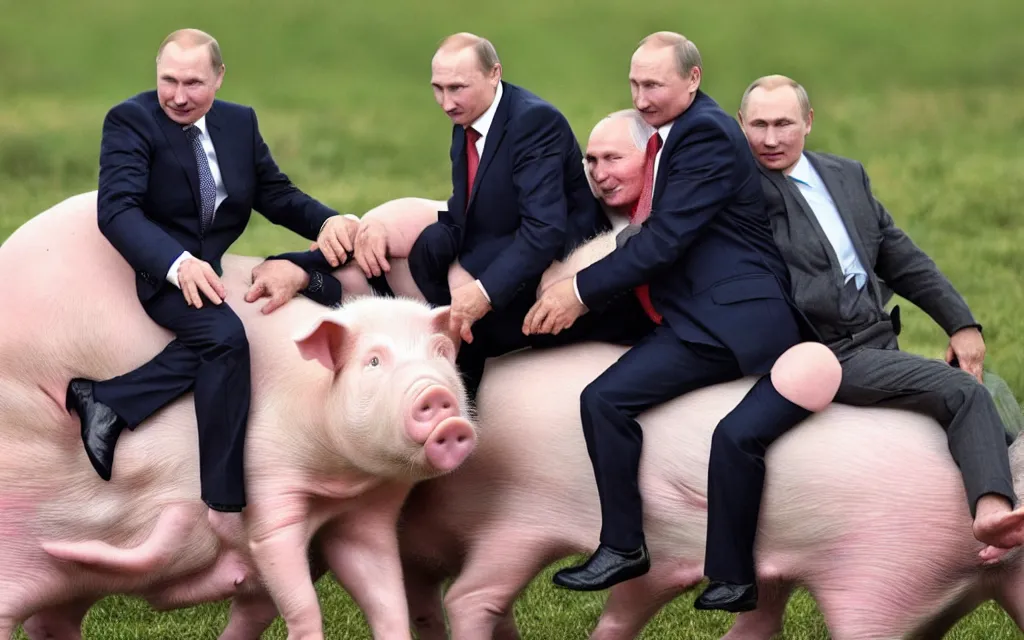 Image similar to vladimir putin riding on alexander lukashenka as pig