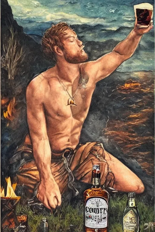 Prompt: a dramatic, epic, ethereal painting of a !!handsome!! stocky mischievous shirtless !!cowboy!! with a beer belly wearing a large belt and bandana offering a whiskey bottle | he is relaxing by a campfire | background is a late night with food and jugs of whisky | homoerotic | stars, tarot card, art deco, art nouveau, intricate | by Mark Maggiori (((and Alphonse Mucha))) | trending on artstation