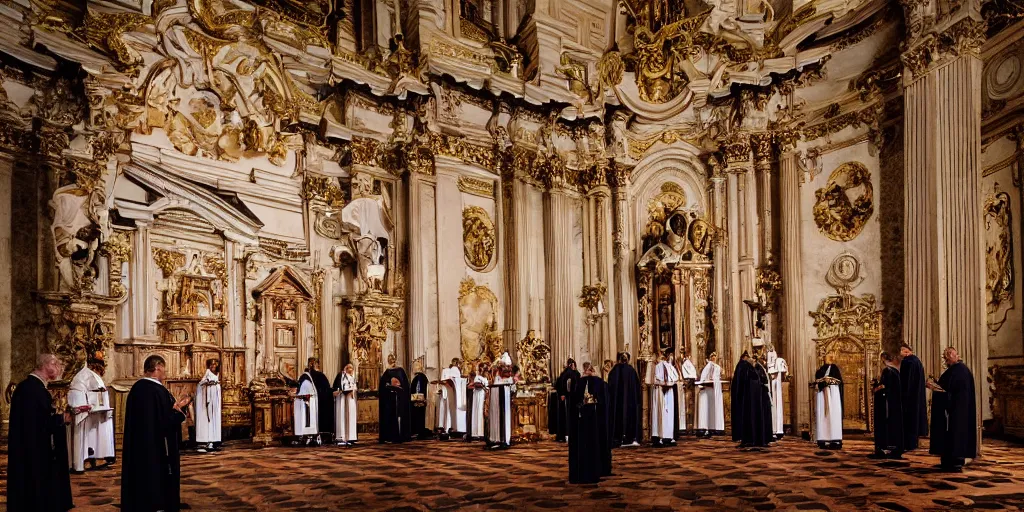 Prompt: photography of circle group of priests invoking ritual in a baroque intricate church