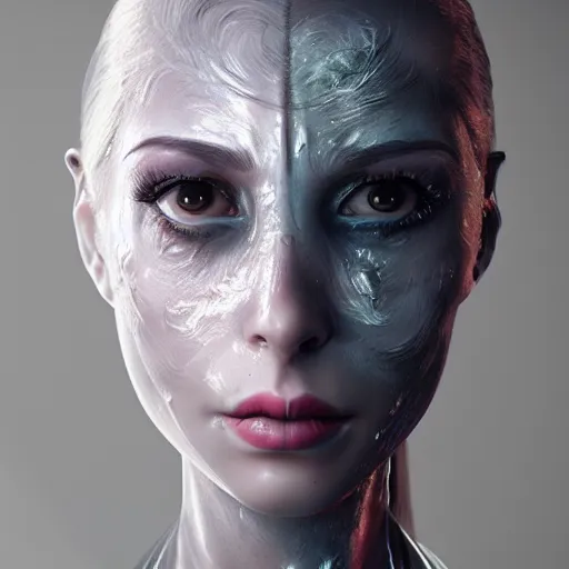 Prompt: woman portrait made out of ice paint, beautiful, cyborg, octane render, tim burton comic book art