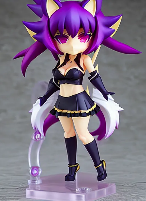 Image similar to chic kda ahri from league of legends nendoroid full body hyperdetalied, hero action pose, osamu tezuka, macoto takahashi, chibi, q posket, 8 k realistic, 3 d, cryengine, exquisite, charming smile, shape focus, symmetrical face, artstation, frostbite 3 engine, cryengine