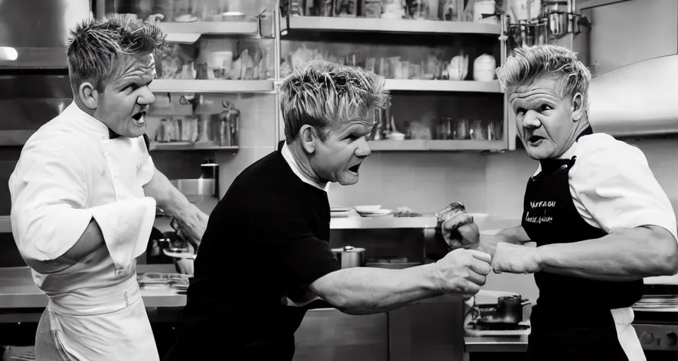 Image similar to photo of angry furious Gordon Ramsay punching Gordon Ramsay at the kitchen