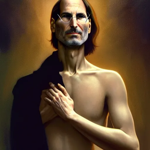 Image similar to Steve Jobs, fantasy, intricate, elegant, dramatic lighting, emotionally evoking symbolic metaphor, highly detailed, lifelike, photorealistic, digital painting, artstation, concept art, smooth, sharp focus, illustration, art by John Collier and Albert Aublet and Krenz Cushart and Artem Demura and Alphonse Mucha